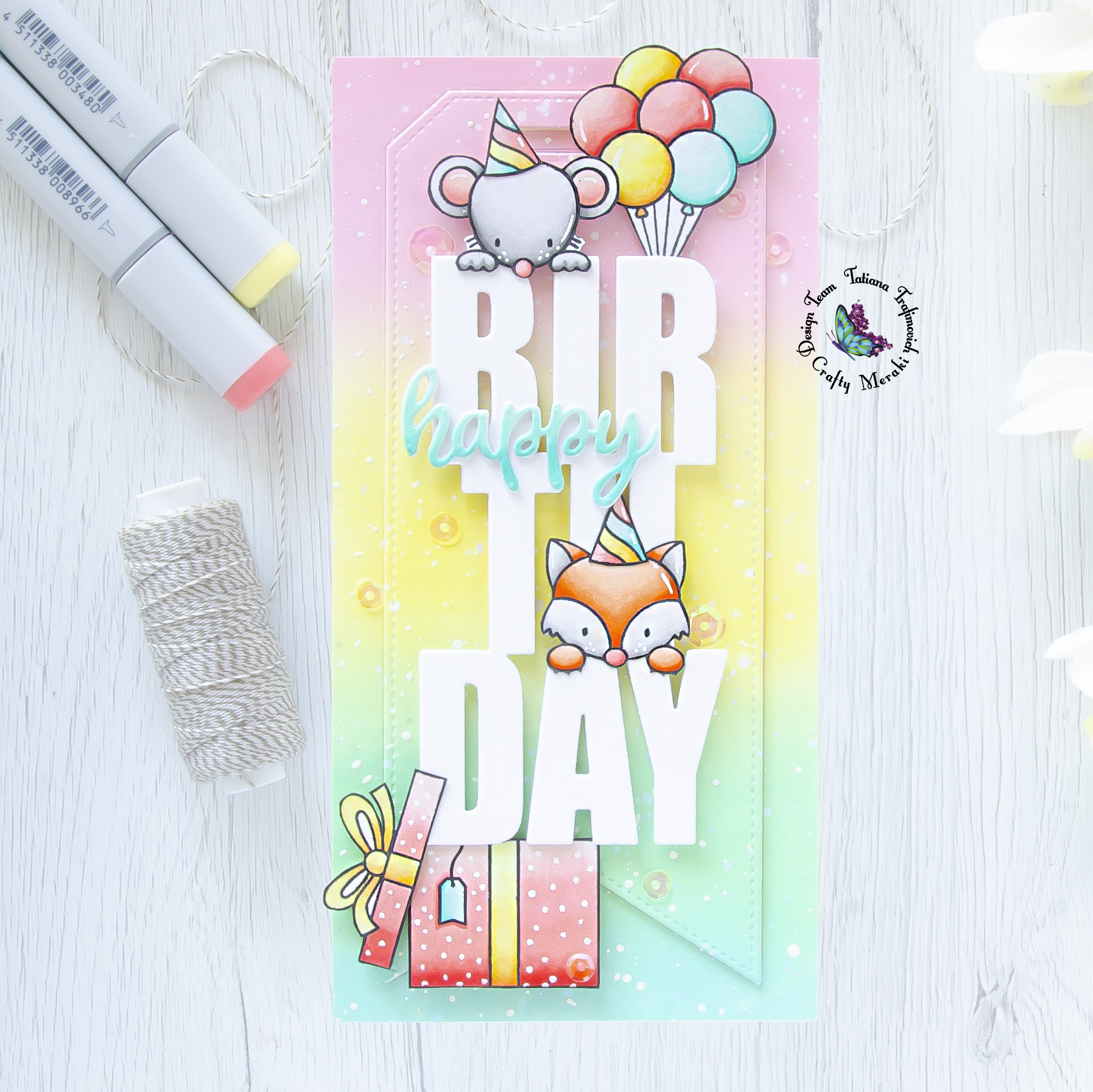 Happy Birthday #handmade card by Tatiana Trafimovich #tatianacraftandart - Birthday Slimline Tag Die by Crafty Meraki #craftymeraki and Popping By Stamp Set by Heffy Doodle #heffydoodle